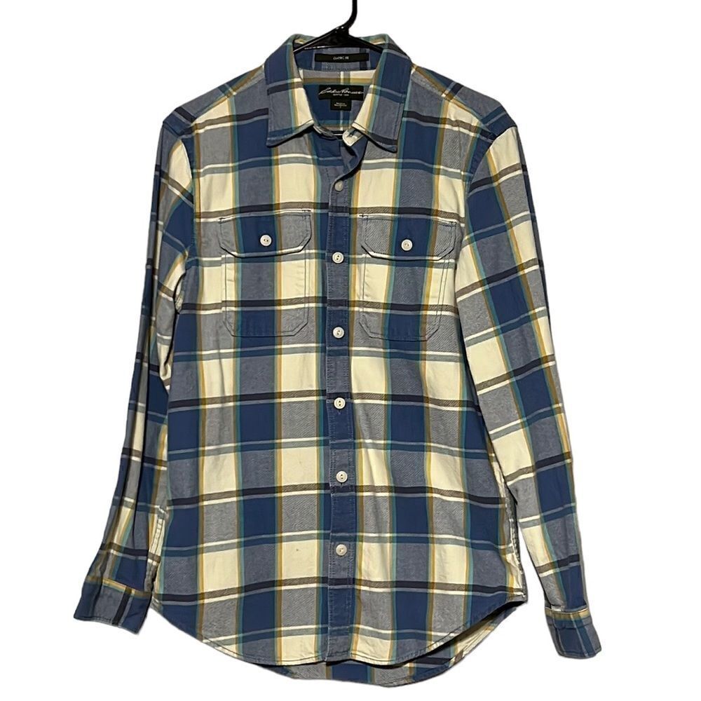 Eddie Bauer Flannel Shirt Men’s Size Small Blue Gold Plaid